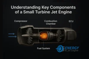 Cutaway illustration of a small turbine jet engine showing key components including compressor, combustion chamber, turbine, fuel system, and ECU.