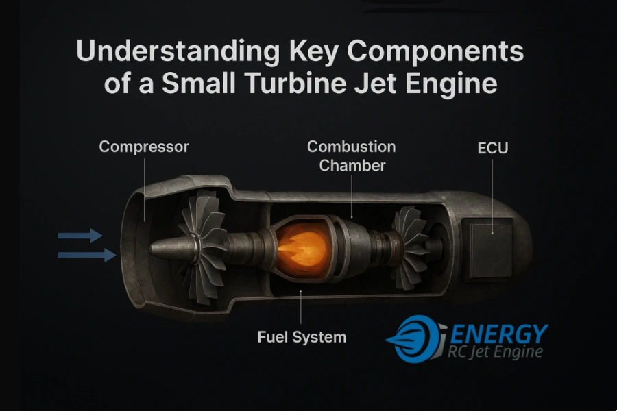 Cutaway illustration of a small turbine jet engine showing key components including compressor, combustion chamber, turbine, fuel system, and ECU.