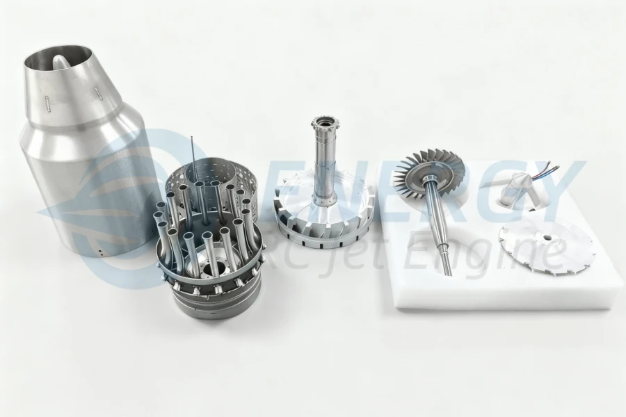 Close-up image of a 40–150 kgf micro turbine jet engine designed for UAV and RC jet applications