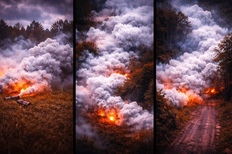 Tactical smoke system deployed in a field to counter drones and block thermal imaging, enhancing modern operational security.