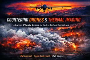 Dense tactical smoke deployed on a battlefield, effectively countering drones and disrupting thermal imaging systems in modern operations.