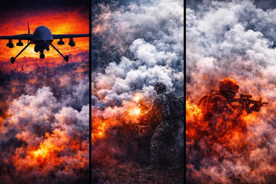 Tactical smoke screen deployed in an open area, effectively disrupting drone surveillance and blocking thermal imaging detection in modern operations.