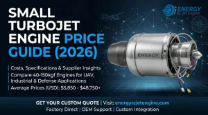 Small turbojet engine banner for 2026 price guide showing an industrial 40-150kgf jet turbine on a tech background.