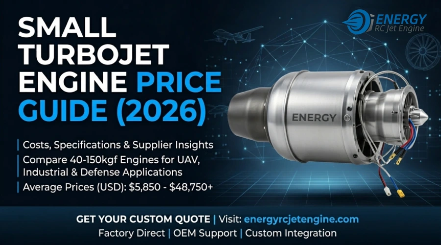 Small turbojet engine banner for 2026 price guide showing an industrial 40-150kgf jet turbine on a tech background.